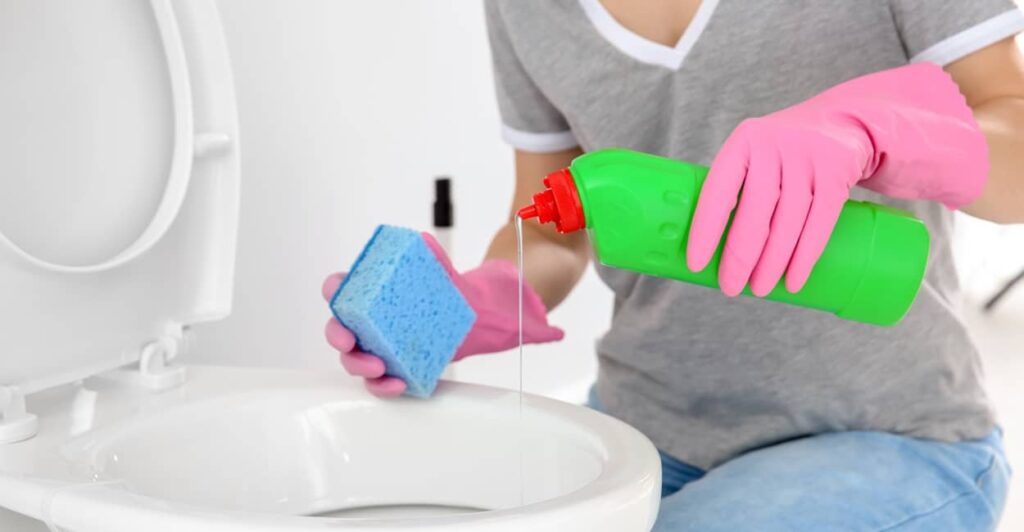 Hausfrau beim Toilette reinigen mit Hausmittel